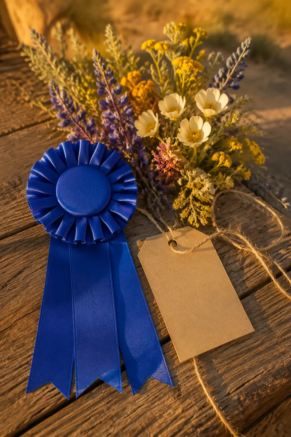A blank royal-blue award rosette beside desert wildflowers and rope on weathered barn wood
