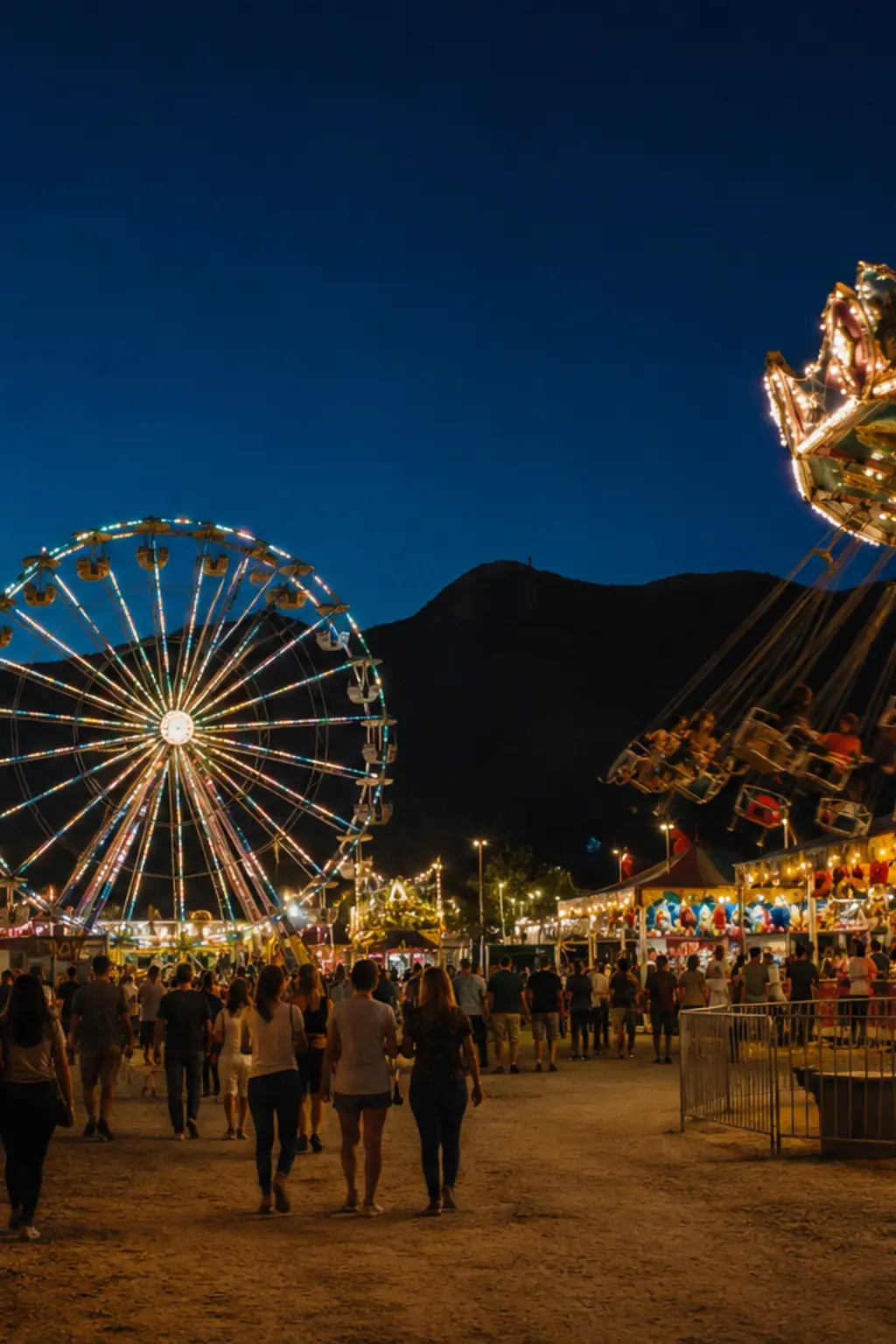 A real fair midway at night with long-exposure ride lights under an indigo desert sky