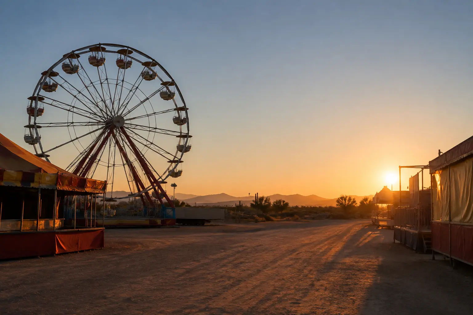 Empty Arizona fairgrounds at sunrise with a ferris wheel, blank closed ticket booth, mountains, and a saguaro